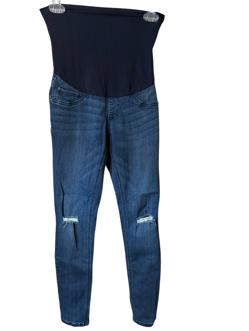 Indigo Blue Maternity Jeggings Small Dark Blue Denim Wash Belly Panel Knee Rips